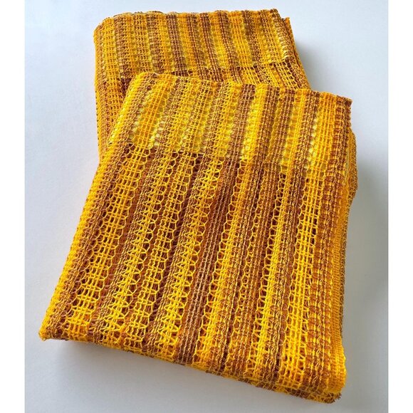 Vintage 70s pair pleated curtains, orange, yellow, tan stripes, mesh panels - Picture 1 of 9